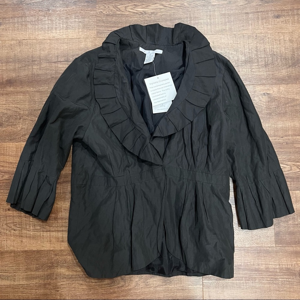 NWT Cabi Cosette Jacket #693 Black Pleated Ruffle Jacket eyehook closure Size 12
